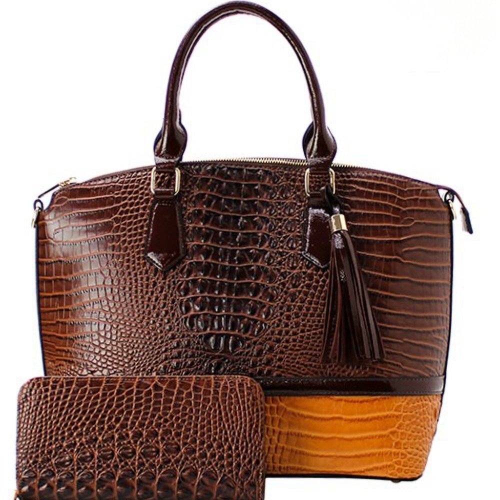 Croc embossed Color-block Handbag Coffee and Cognac